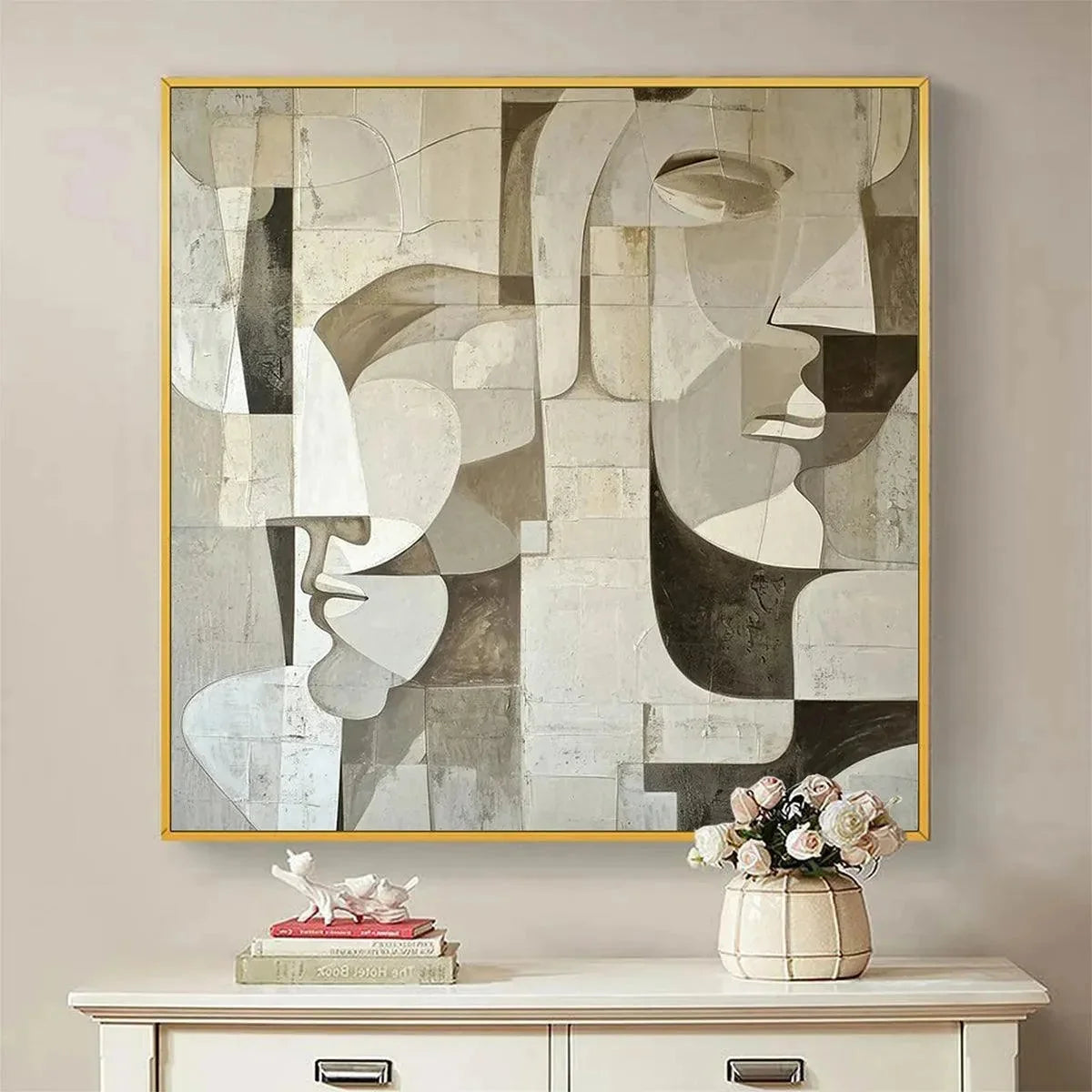 ABSTRACT FACES: Cubist Painting in Neutral Tones | Figurative closeup, raised brushwork detail