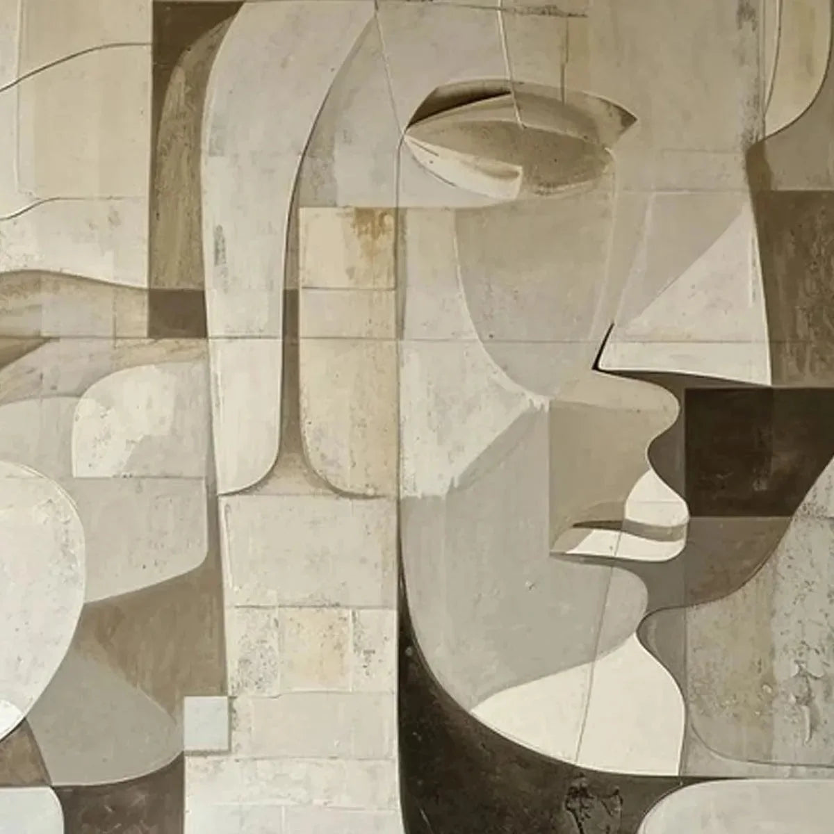 ABSTRACT FACES: Cubist Painting in Neutral Tones | rectangular format, hand-painted canvas edge