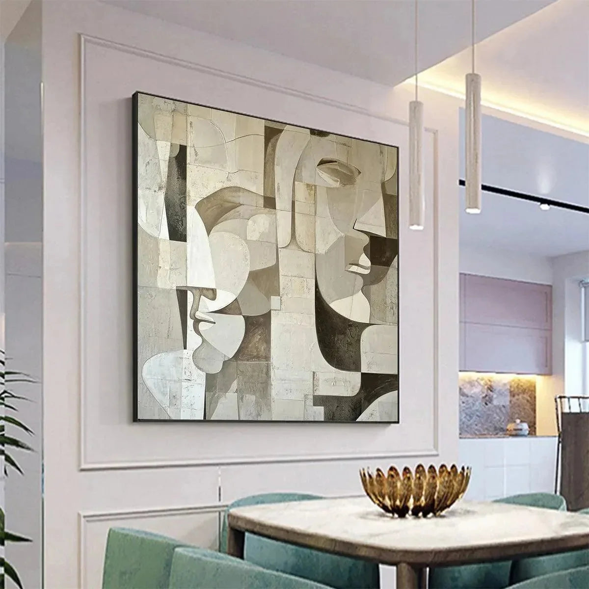 ABSTRACT FACES: Cubist Painting in Neutral Tones | gold frame stretched on neutral wall