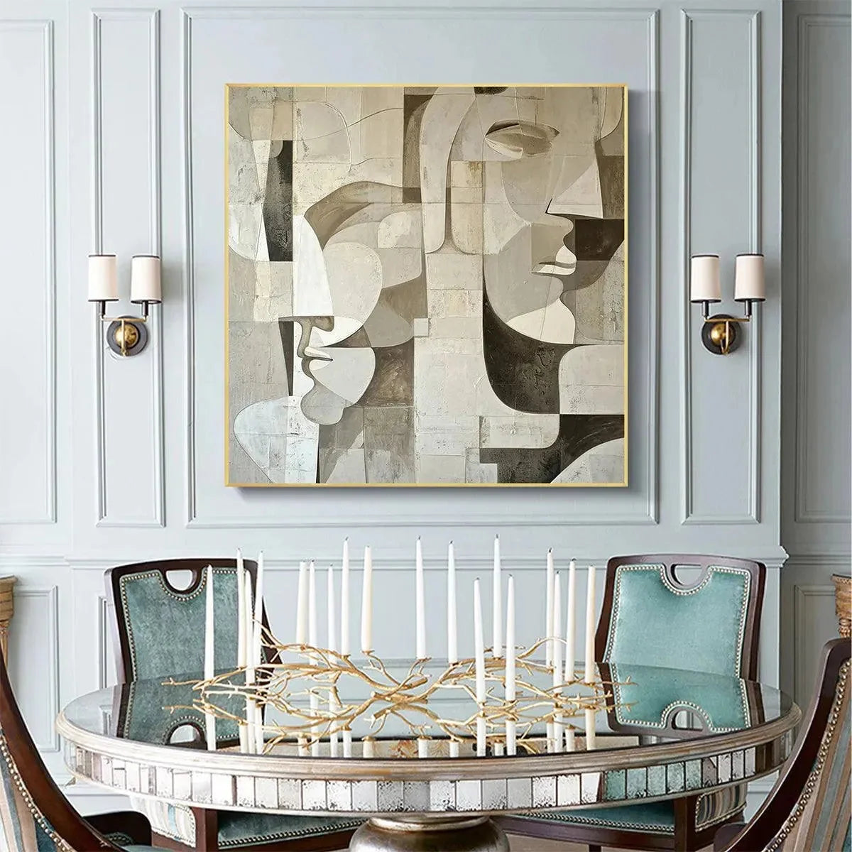 ABSTRACT FACES: Cubist Painting in Neutral Tones | black frame version on white wall