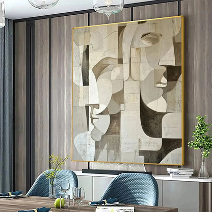 ABSTRACT FACES: Cubist Painting in Neutral Tones | beige palette, original oil on stretched canvas art