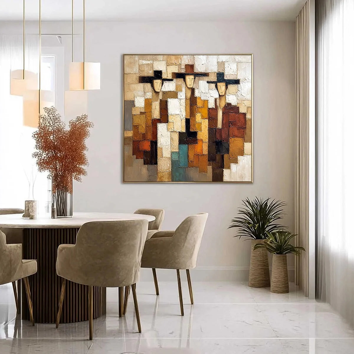 THE COMPADRES: Abstract Figurative Impasto Palette Knife | gold frame stretched on neutral wall