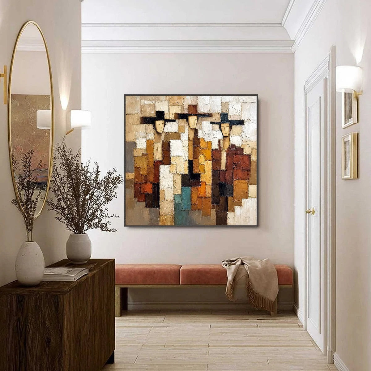 THE COMPADRES: Abstract Figurative Impasto Palette Knife | black frame version on white wall