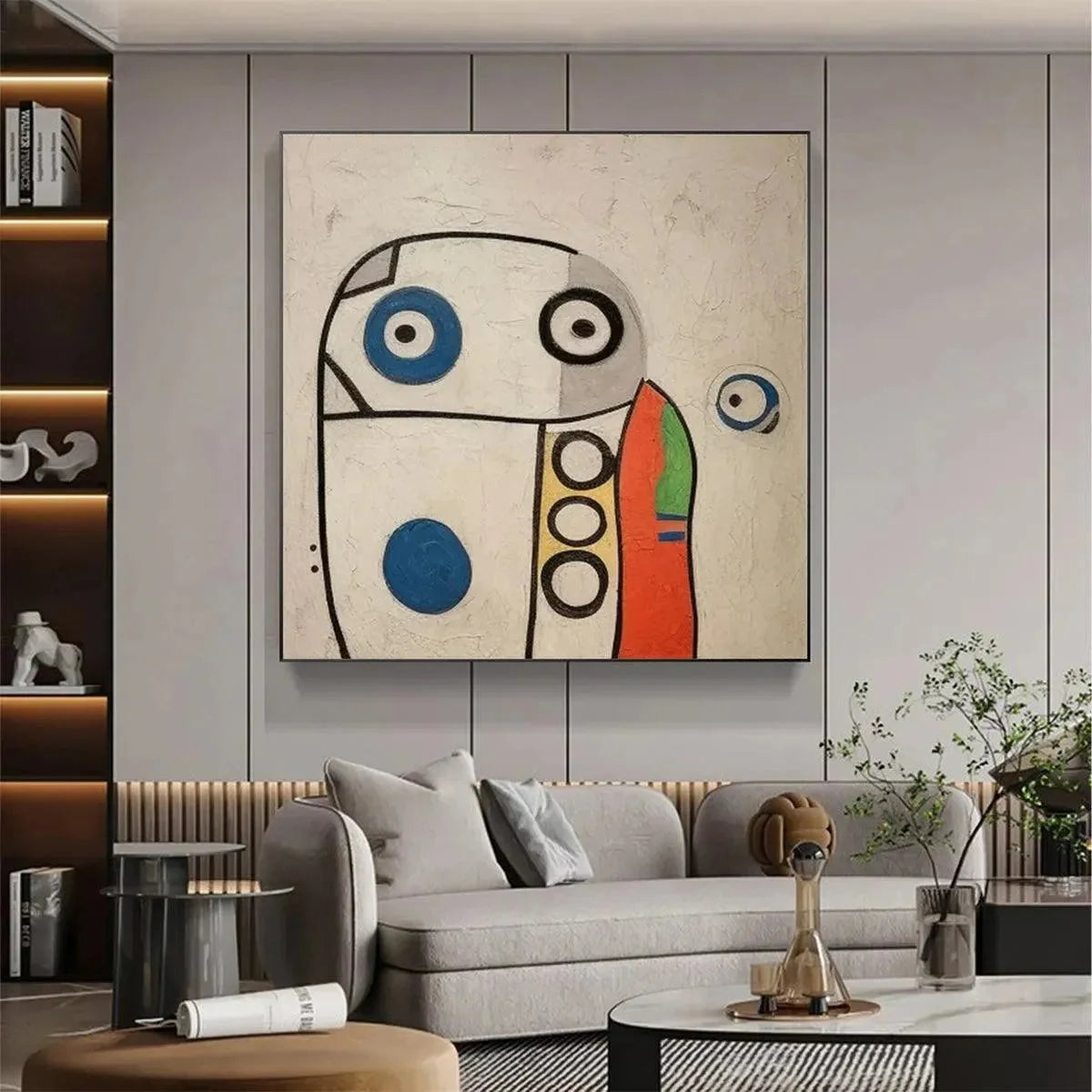ABSTRACT FIGURE: Colorful Abstract Oil Painting, Square | gold frame stretched on neutral wall
