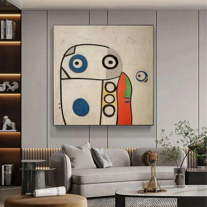 ABSTRACT FIGURE: Colorful Abstract Oil Painting, Square | gold frame stretched on neutral wall