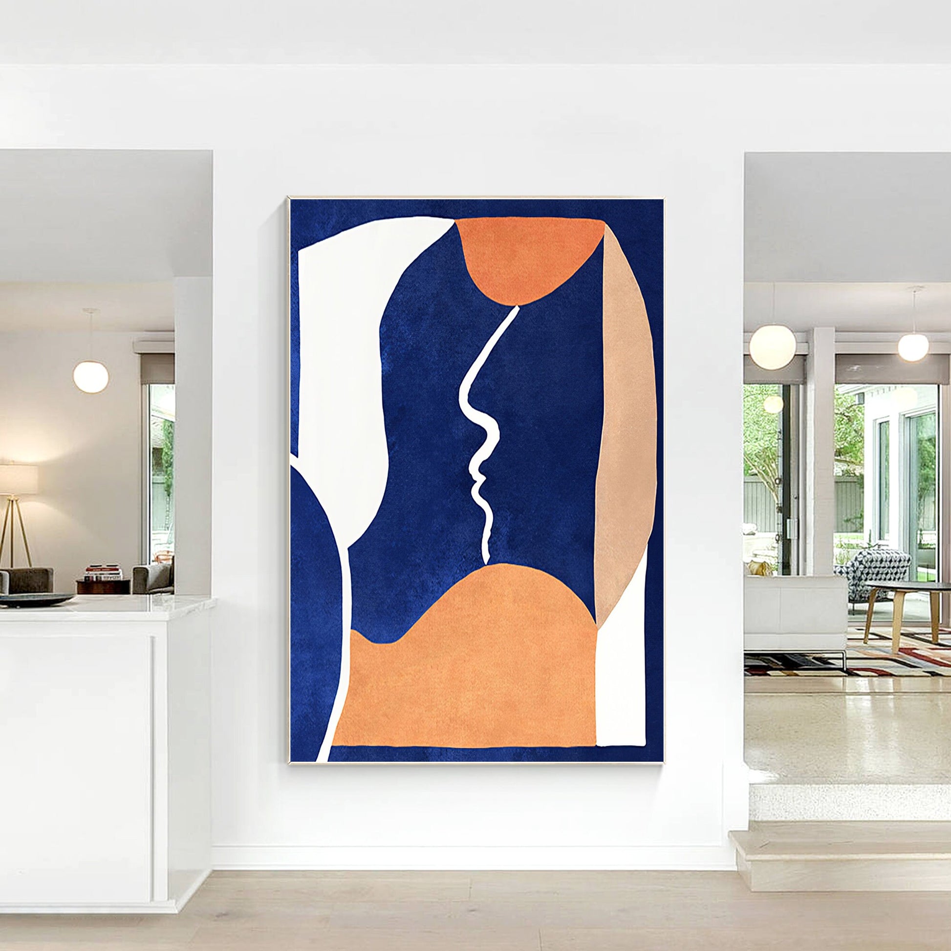 Abstract Figure Painting: Dark Blue, Sandy Brown, Minimalist Framed Canvas Art #3