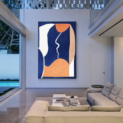 Abstract Figure Painting: Dark Blue, Sandy Brown, Minimalist Framed Canvas Art #4
