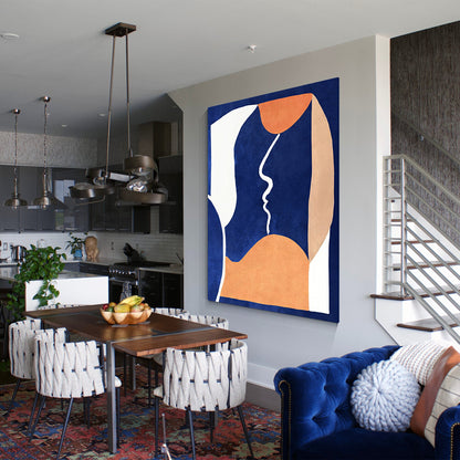 Abstract Figure Painting: Dark Blue, Sandy Brown, Minimalist Framed Canvas Art #5