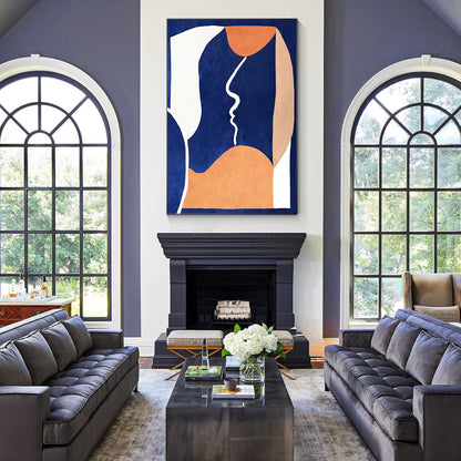 Abstract Figure Painting: Dark Blue, Sandy Brown, Minimalist Framed Canvas Art #1