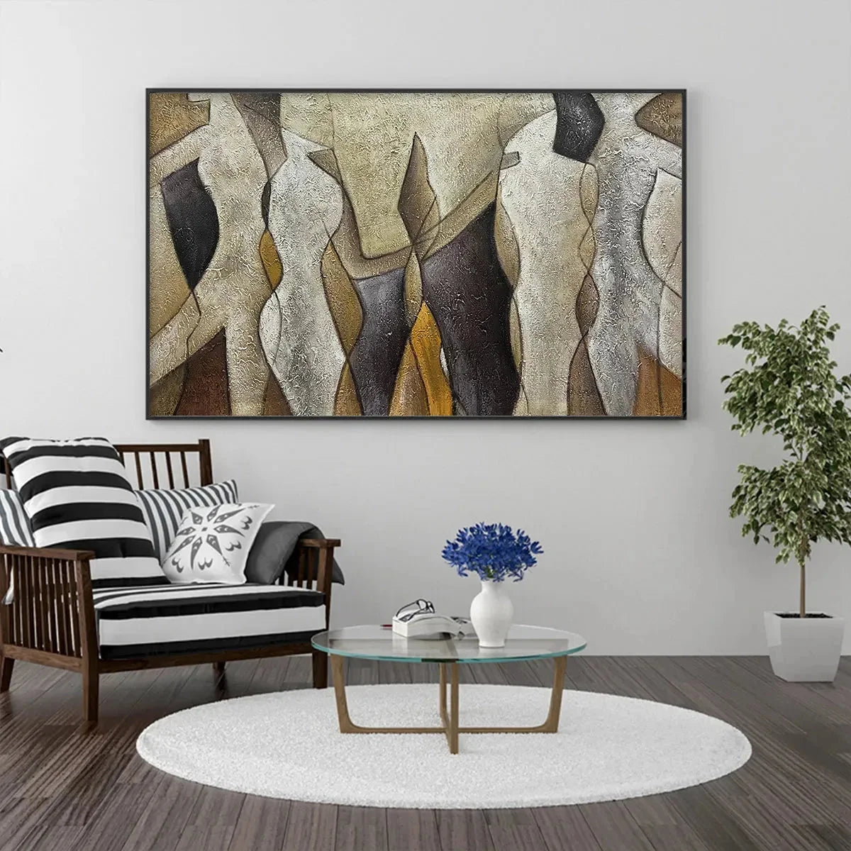 ABSTRACT FIGURES: Textured Beige and Brown Panoramic Painting | Figurative closeup, raised brushwork detail