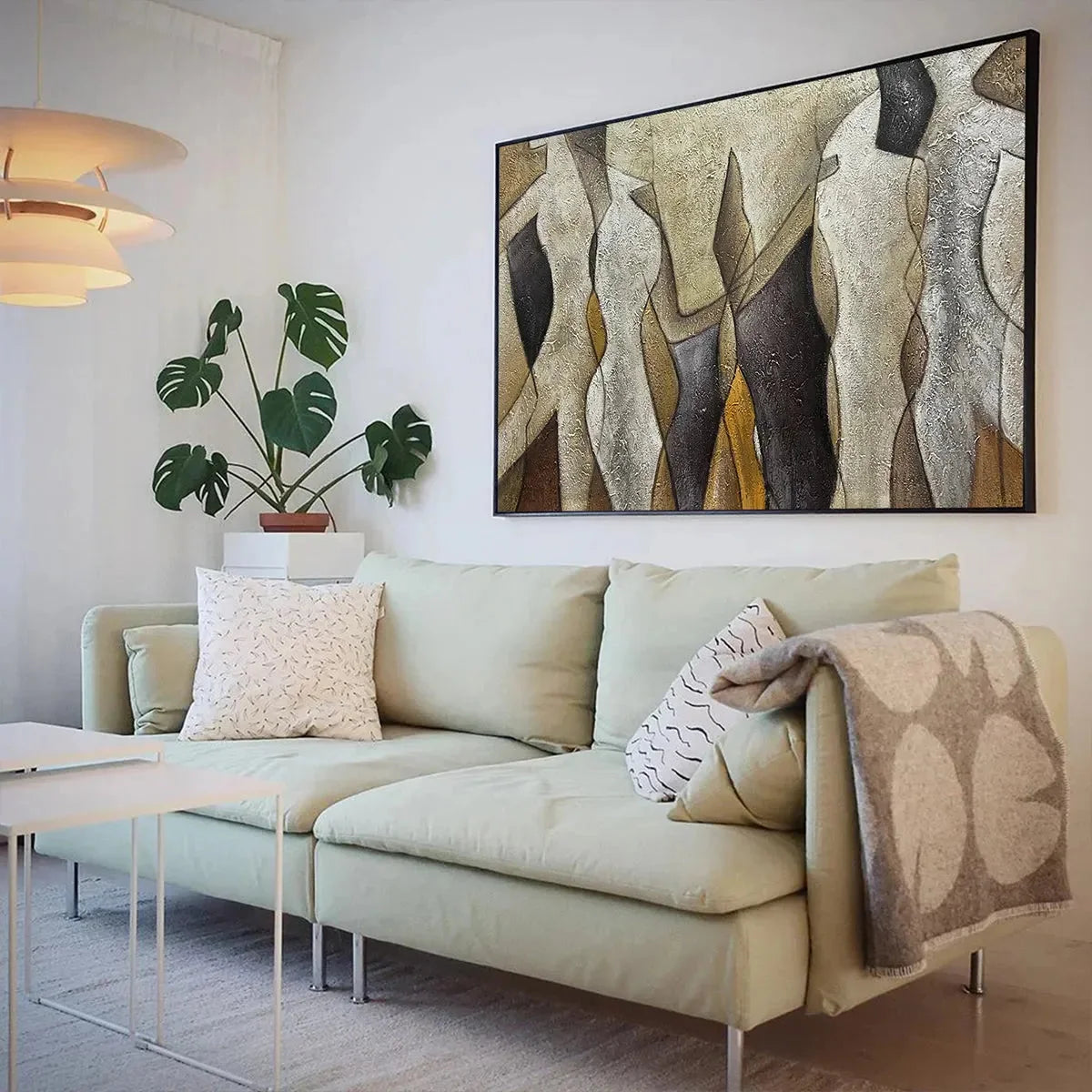 ABSTRACT FIGURES: Textured Beige and Brown Panoramic Painting | gold frame stretched on neutral wall