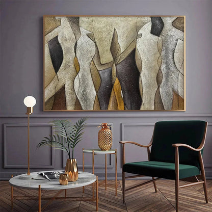 ABSTRACT FIGURES: Textured Beige and Brown Panoramic Painting | black frame version on white wall