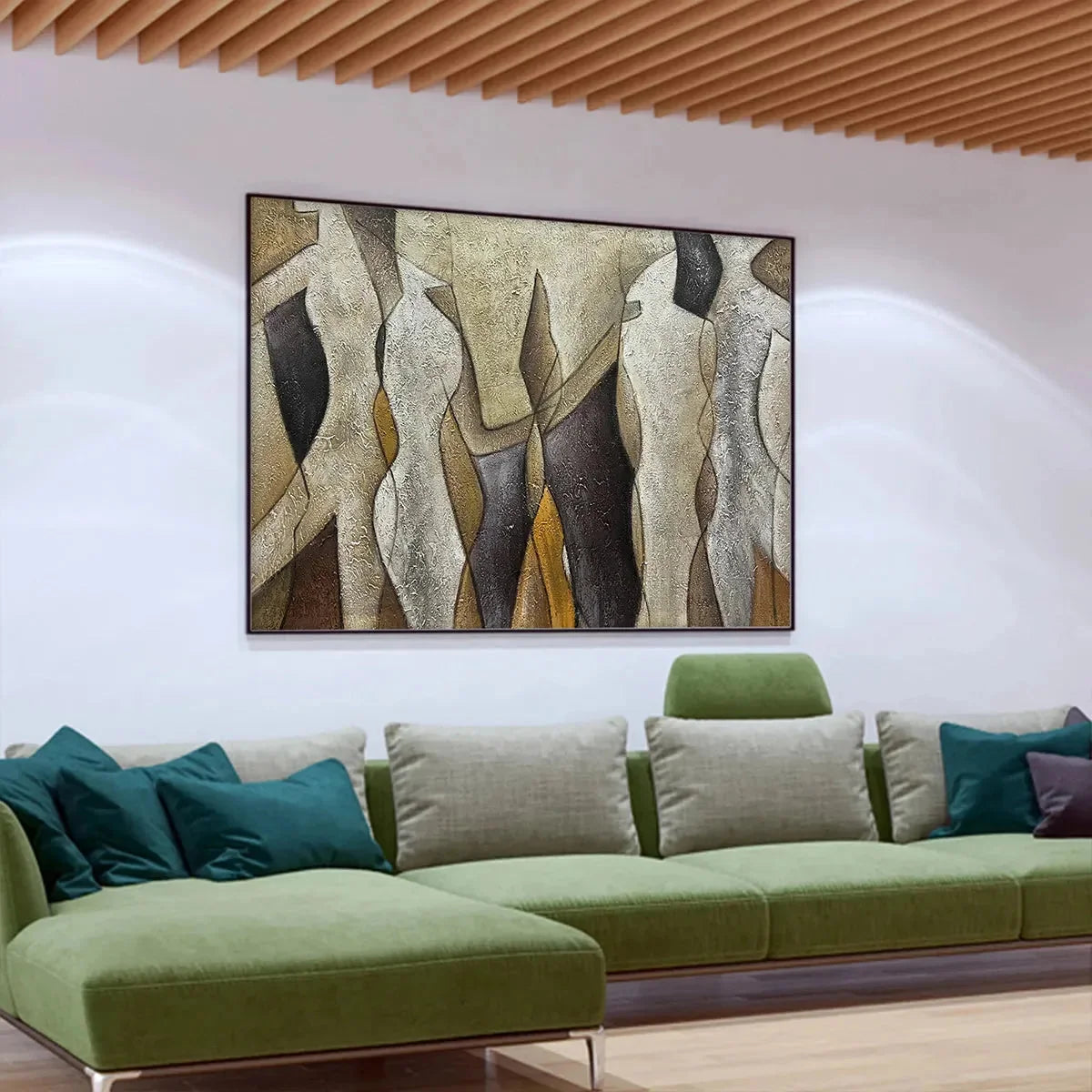 ABSTRACT FIGURES: Textured Beige and Brown Panoramic Painting | Figurative mood, soft natural light studio shot