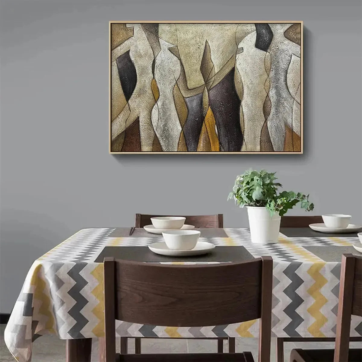 ABSTRACT FIGURES: Textured Beige and Brown Panoramic Painting | beige palette, original oil on stretched canvas art