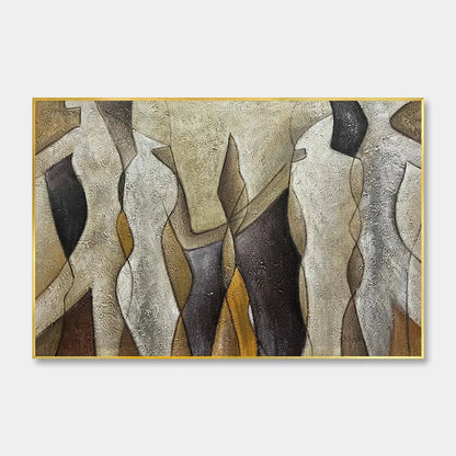 ABSTRACT FIGURES: Textured Beige and Brown Panoramic Painting | hanging in living room, Figurative wall art