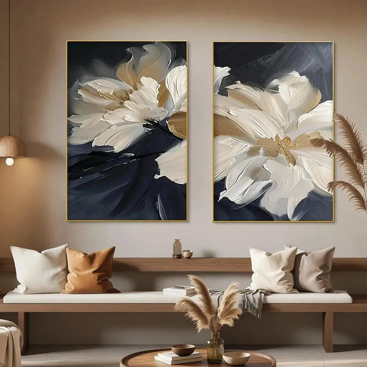 ABSTRACT FLORAL DIPTYCH: Textured Floral Set of 2 Vertical | gold frame stretched on neutral wall