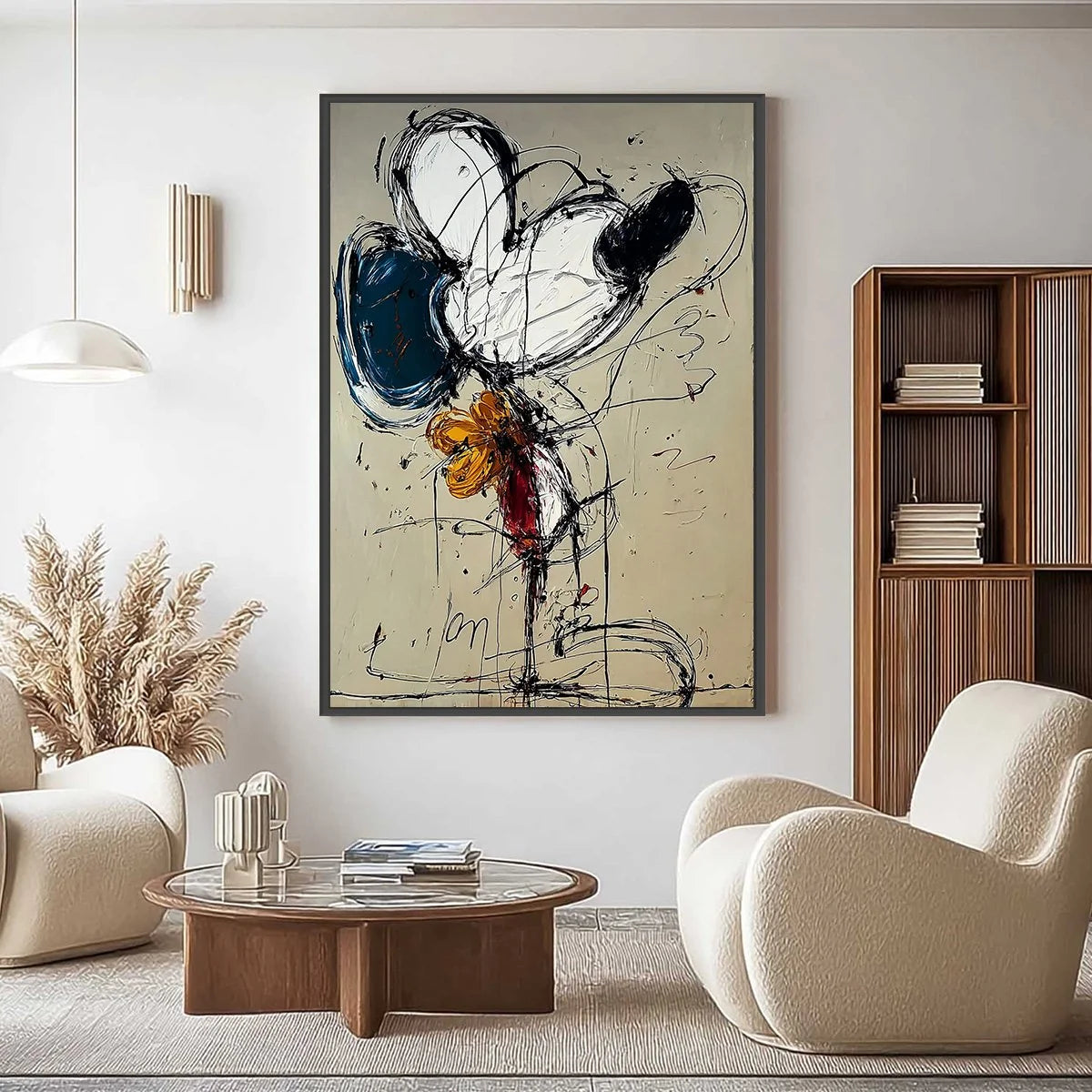 SPONTANEOUS BLOOM: Large Abstract Floral Impasto Painting | gold frame stretched on neutral wall