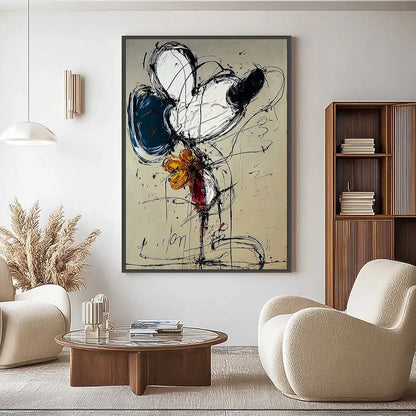 SPONTANEOUS BLOOM: Large Abstract Floral Impasto Painting | gold frame stretched on neutral wall