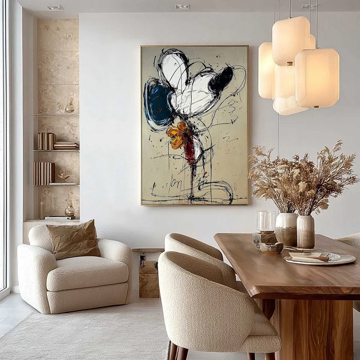 SPONTANEOUS BLOOM: Large Abstract Floral Impasto Painting | black frame version on white wall
