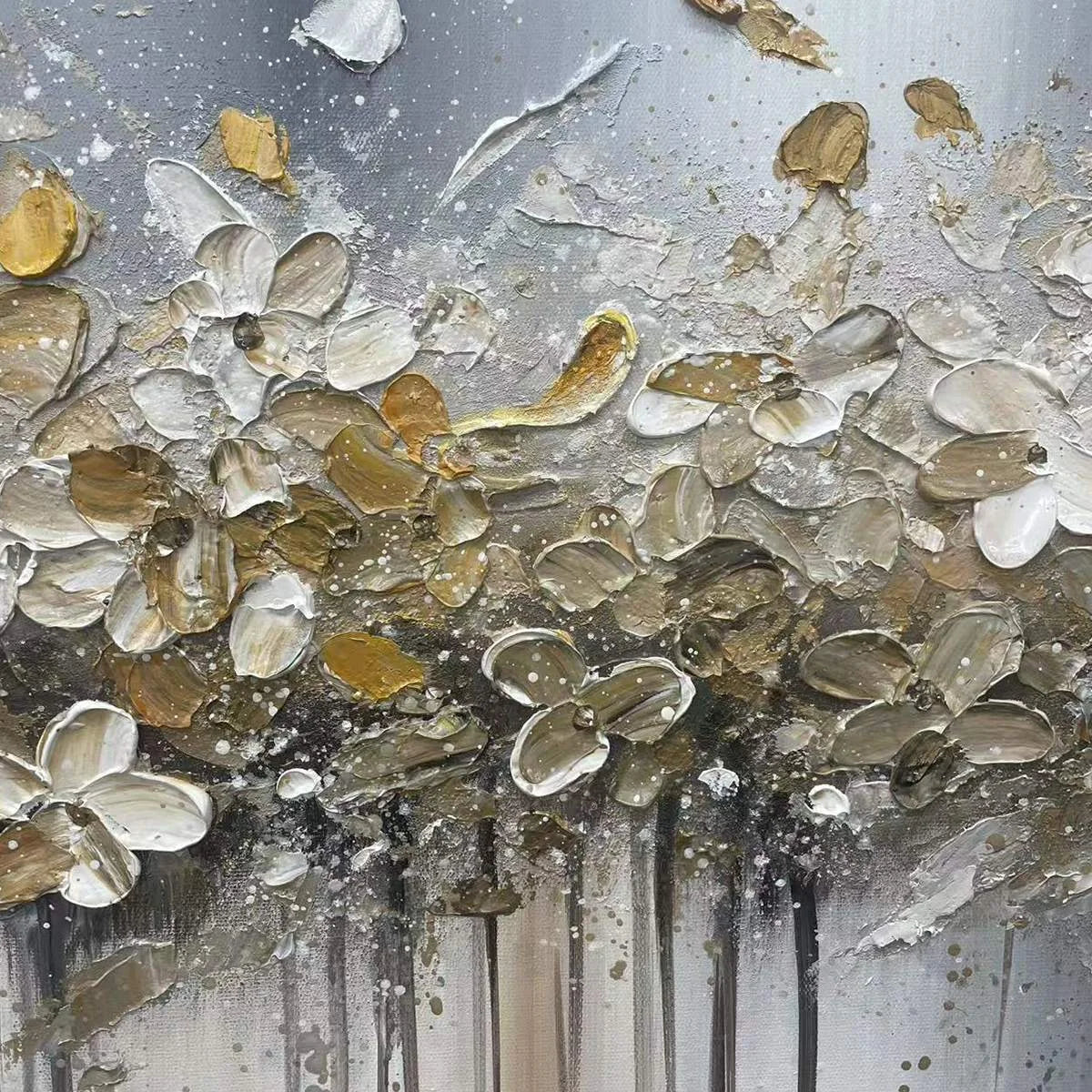 GOLDEN DRIFT: White and Gold Floral Abstract Painting | rectangular format, hand-painted canvas edge