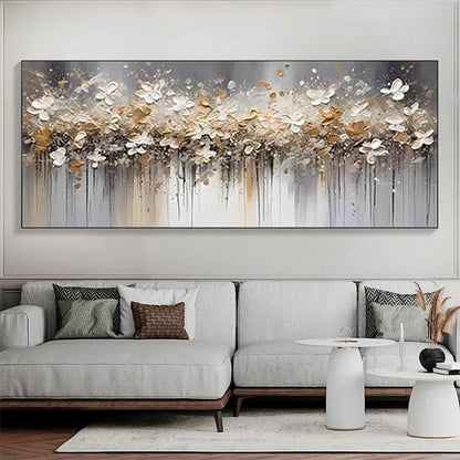 GOLDEN DRIFT: White and Gold Floral Abstract Painting | gold frame stretched on neutral wall