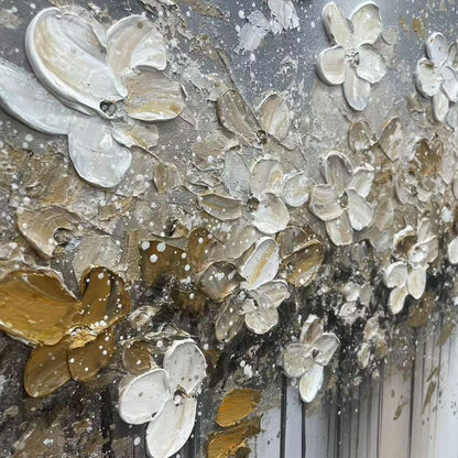 GOLDEN DRIFT: White and Gold Floral Abstract Painting | rolled canvas, ready for custom framing