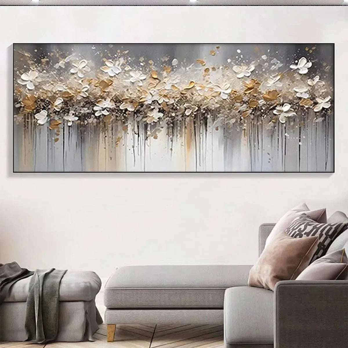 GOLDEN DRIFT: White and Gold Floral Abstract Painting | black frame version on white wall