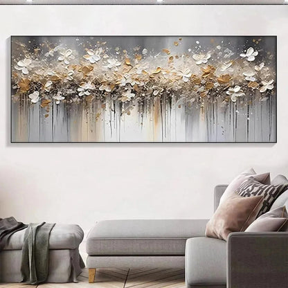 GOLDEN DRIFT: White and Gold Floral Abstract Painting | black frame version on white wall