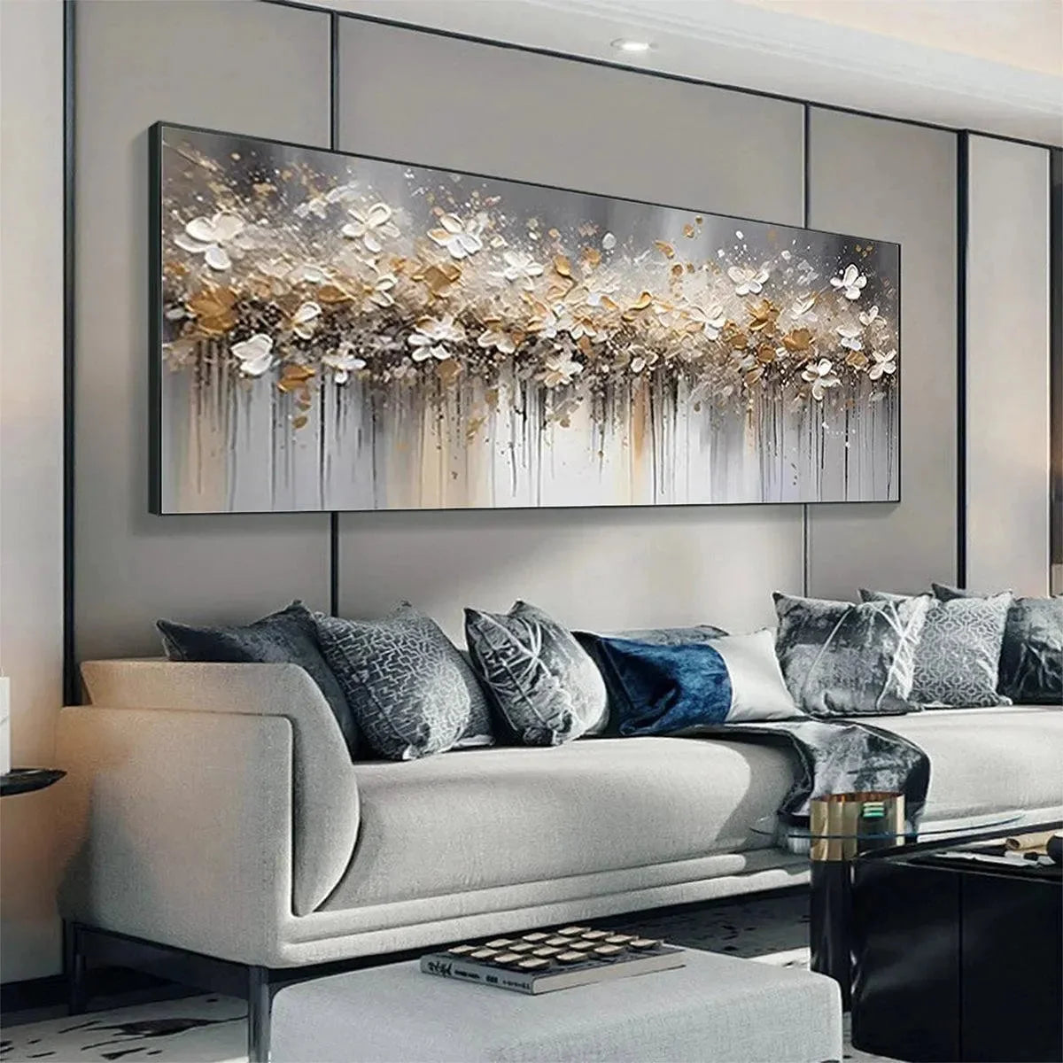 GOLDEN DRIFT: White and Gold Floral Abstract Painting | Abstract mood, soft natural light studio shot