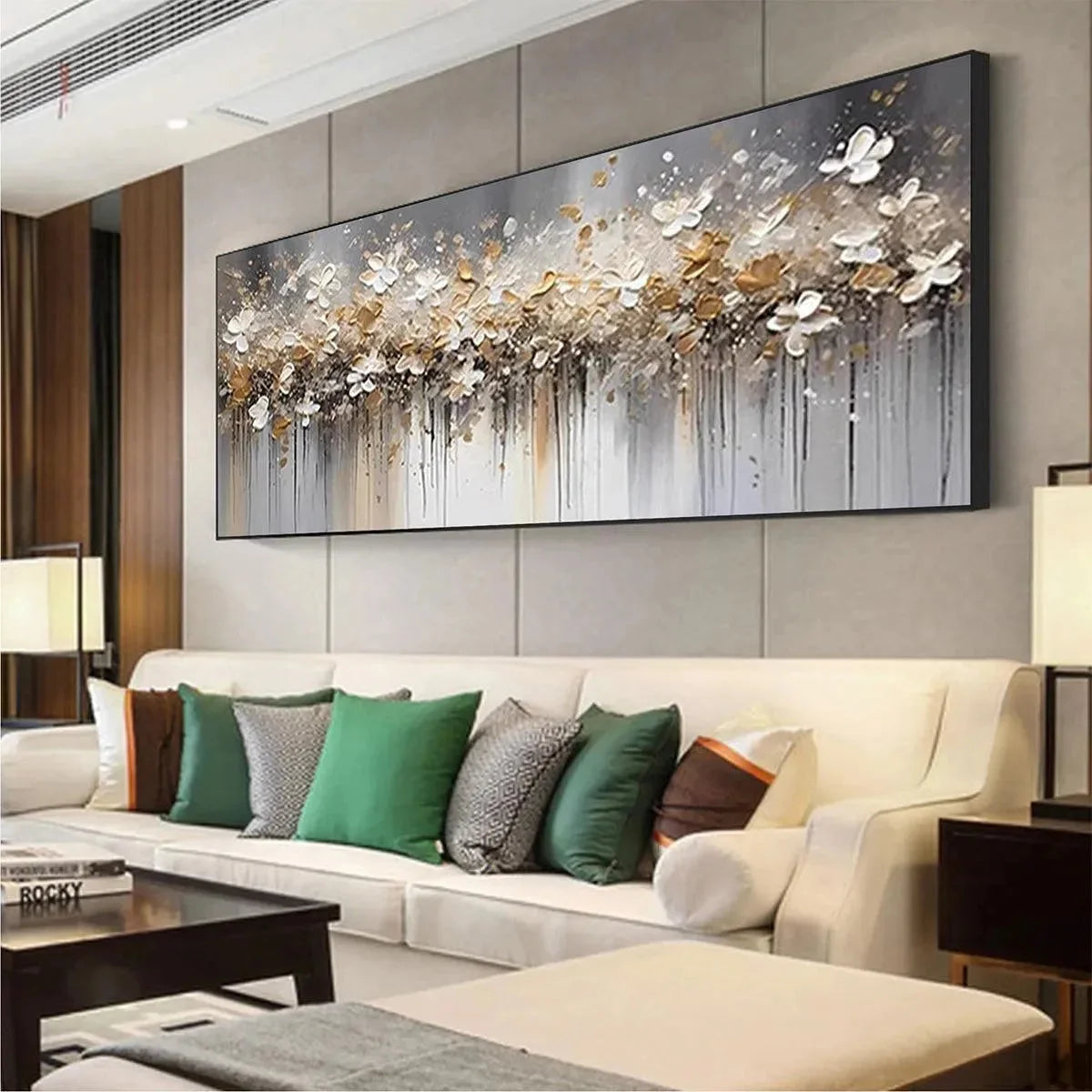 GOLDEN DRIFT: White and Gold Floral Abstract Painting | yellow palette, original oil on stretched canvas art