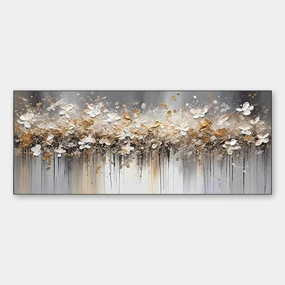 GOLDEN DRIFT: White and Gold Floral Abstract Painting | hanging in living room, Abstract wall art