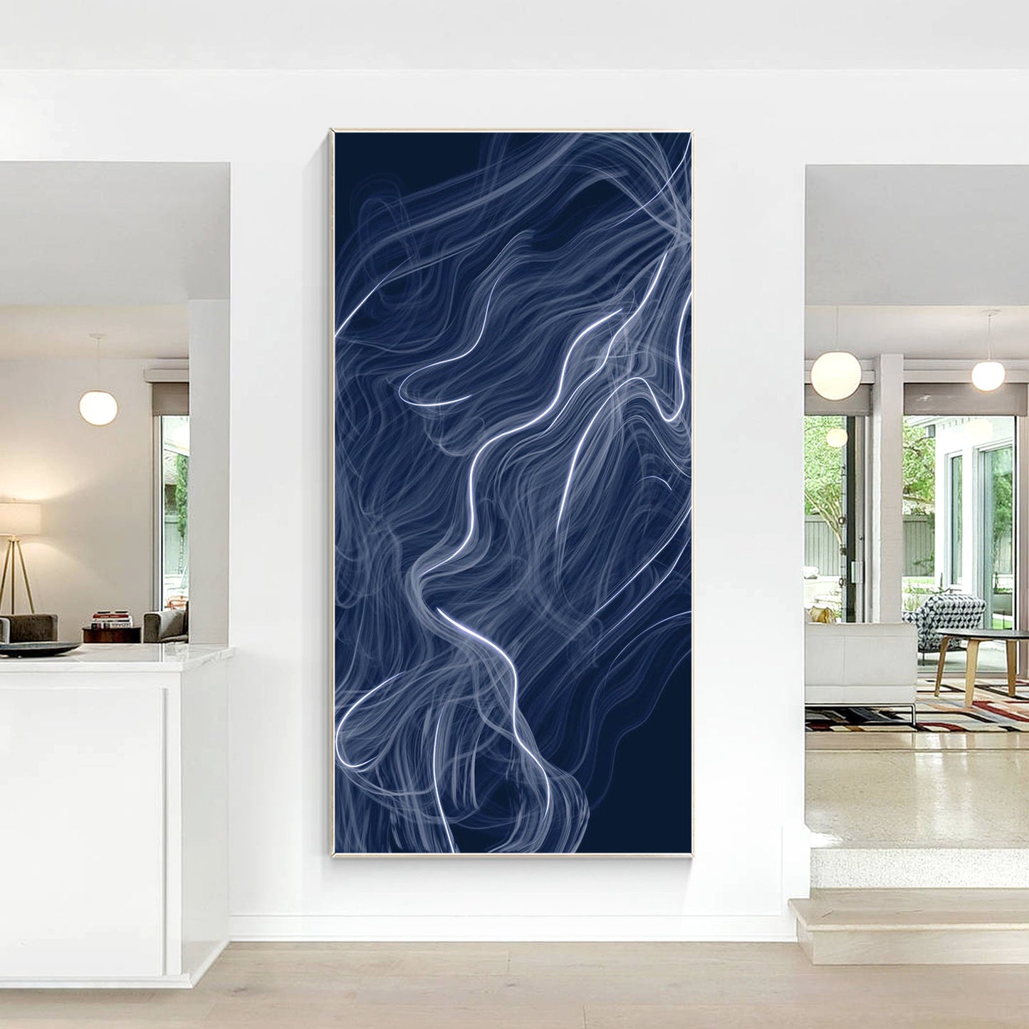 Abstract Fog Painting: Navy Blue Wall Art on Canvas, Framed #2