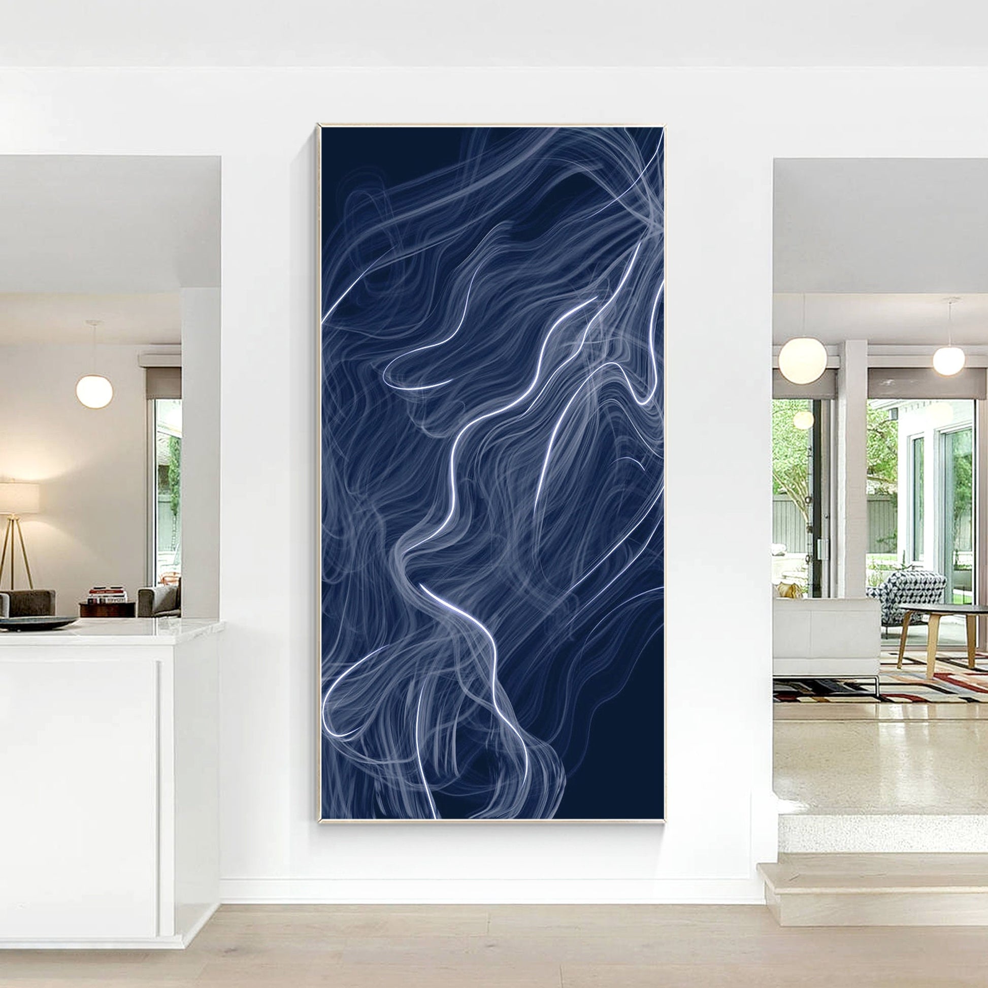 Abstract Fog Painting: Navy Blue Wall Art on Canvas, Framed #2