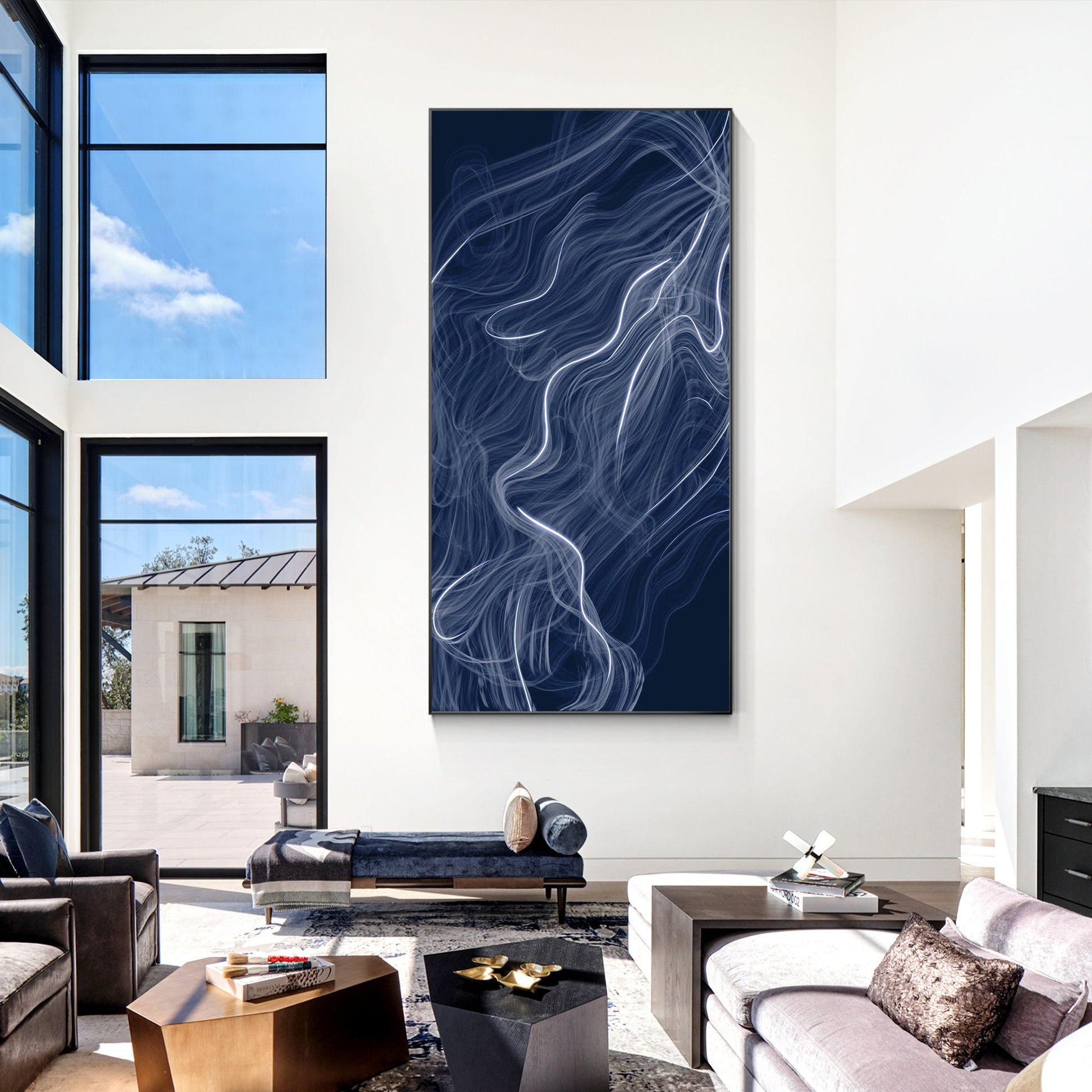 Abstract Fog Painting: Navy Blue Wall Art on Canvas, Framed #3