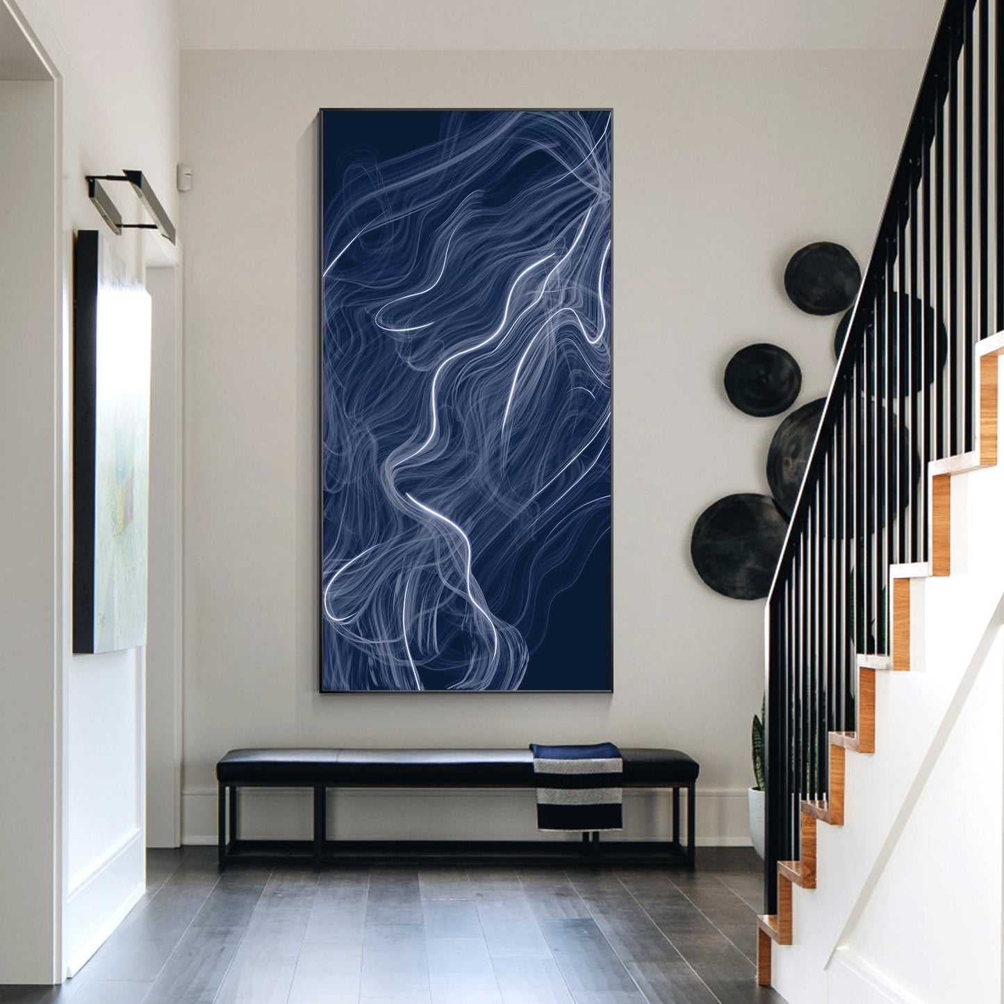 Abstract Fog Painting: Navy Blue Wall Art on Canvas, Framed #4