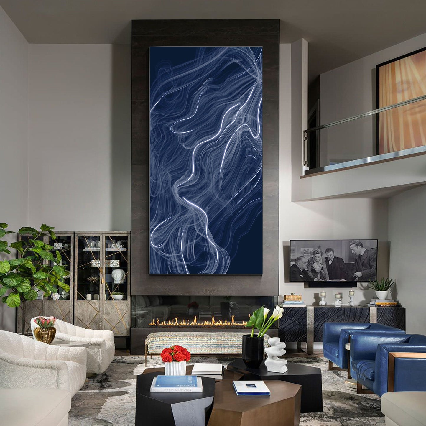 Abstract Fog Painting: Navy Blue Wall Art on Canvas, Framed #5