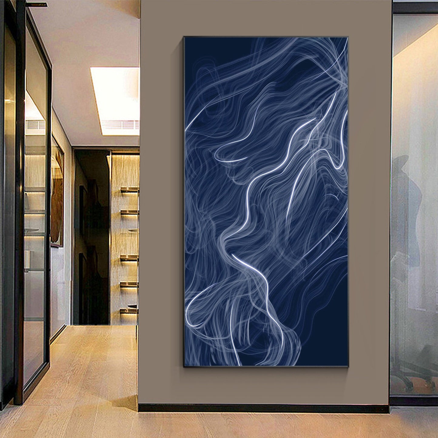 Abstract Fog Painting: Navy Blue Wall Art on Canvas, Framed #1