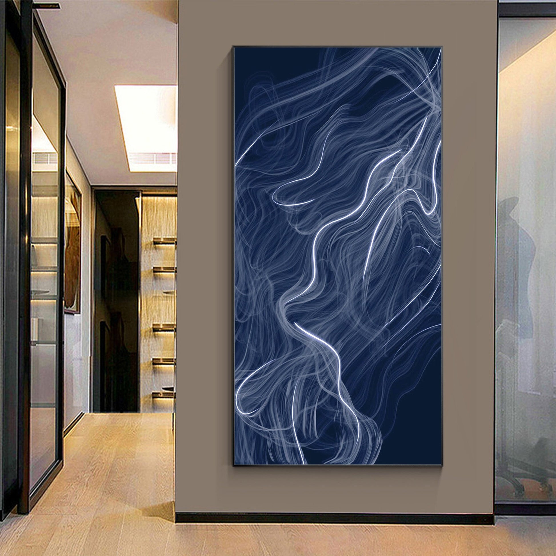 Abstract Fog Painting: Navy Blue Wall Art on Canvas, Framed #1