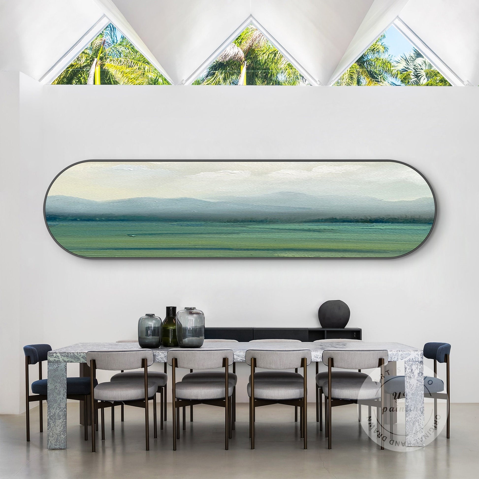 Abstract Foggy Mountain Canvas Art, Gray Green Landscape Painting, Oval Wall Art #2