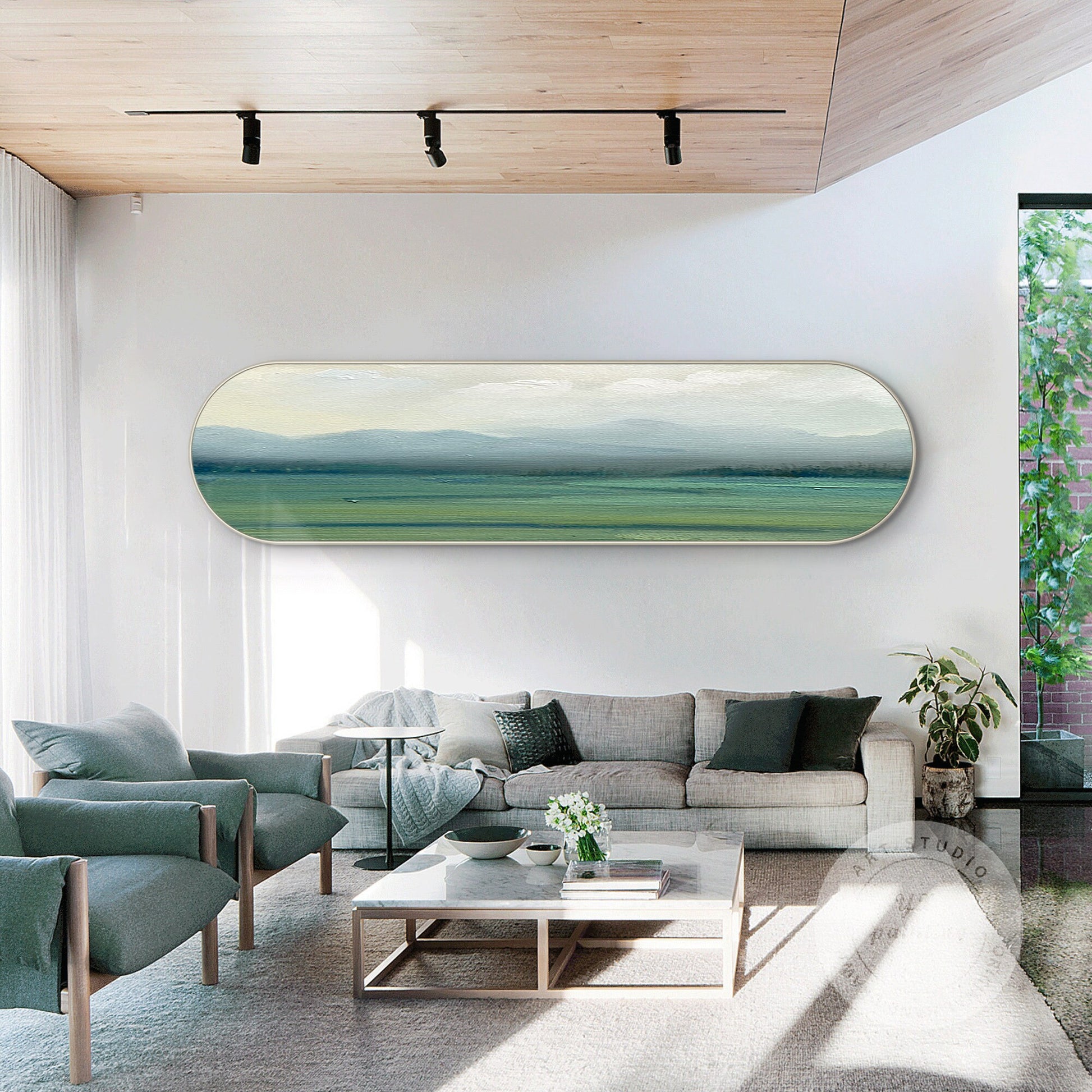 Abstract Foggy Mountain Canvas Art, Gray Green Landscape Painting, Oval Wall Art #3