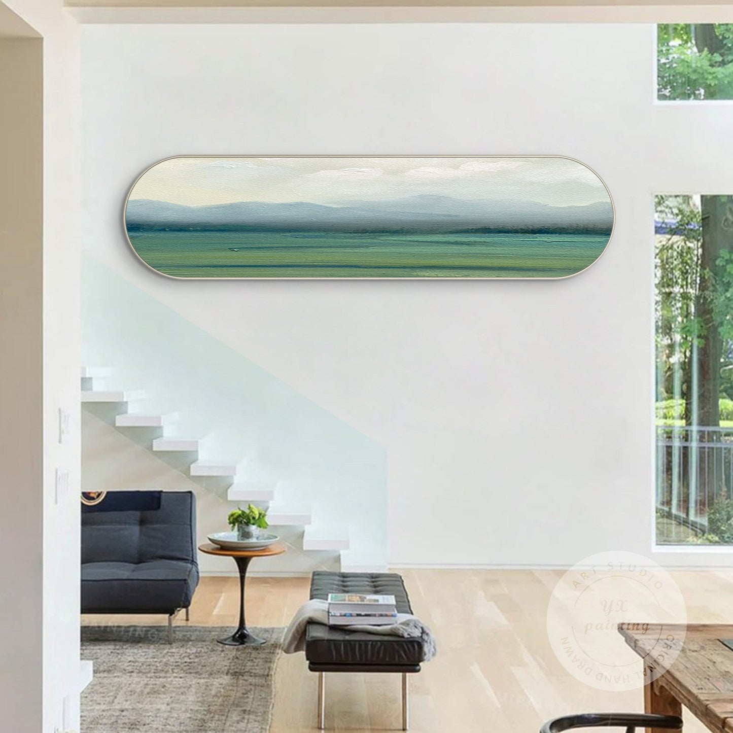 Abstract Foggy Mountain Canvas Art, Gray Green Landscape Painting, Oval Wall Art #5