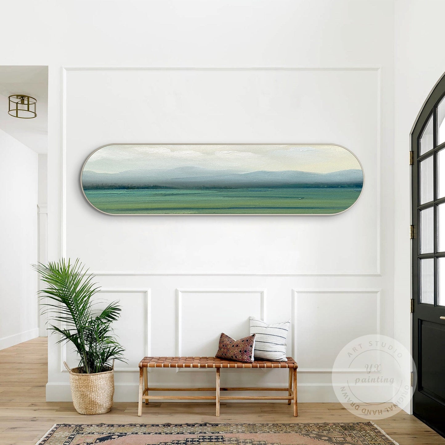 Abstract Foggy Mountain Canvas Art, Gray Green Landscape Painting, Oval Wall Art #1