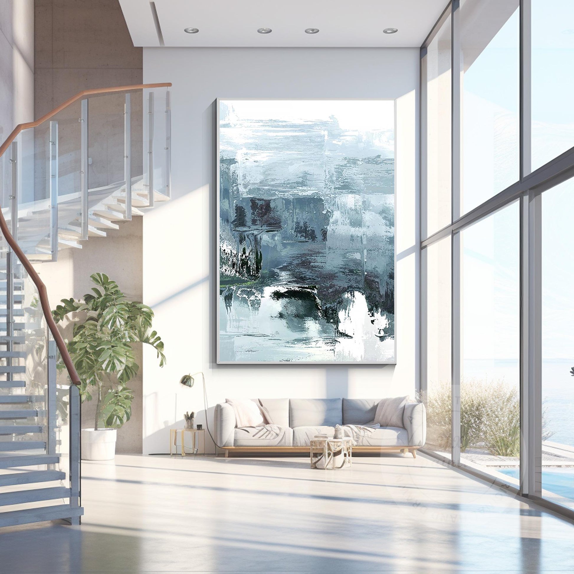 Abstract Foggy Mountain Painting: Gray Blue Textured Wall Art #2