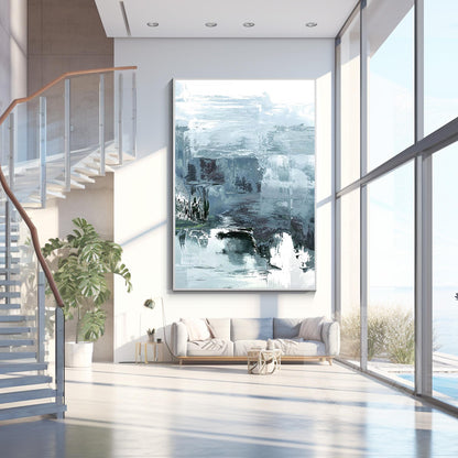 Abstract Foggy Mountain Painting: Gray Blue Textured Wall Art #2