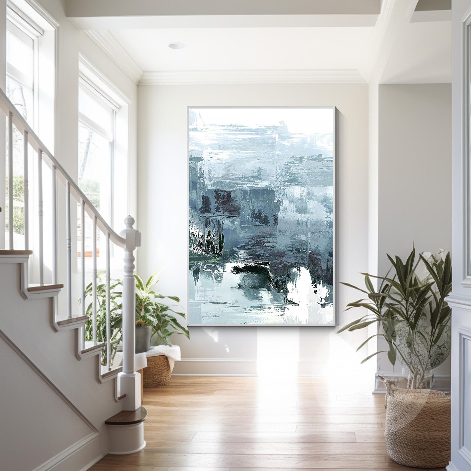 Abstract Foggy Mountain Painting: Gray Blue Textured Wall Art #3