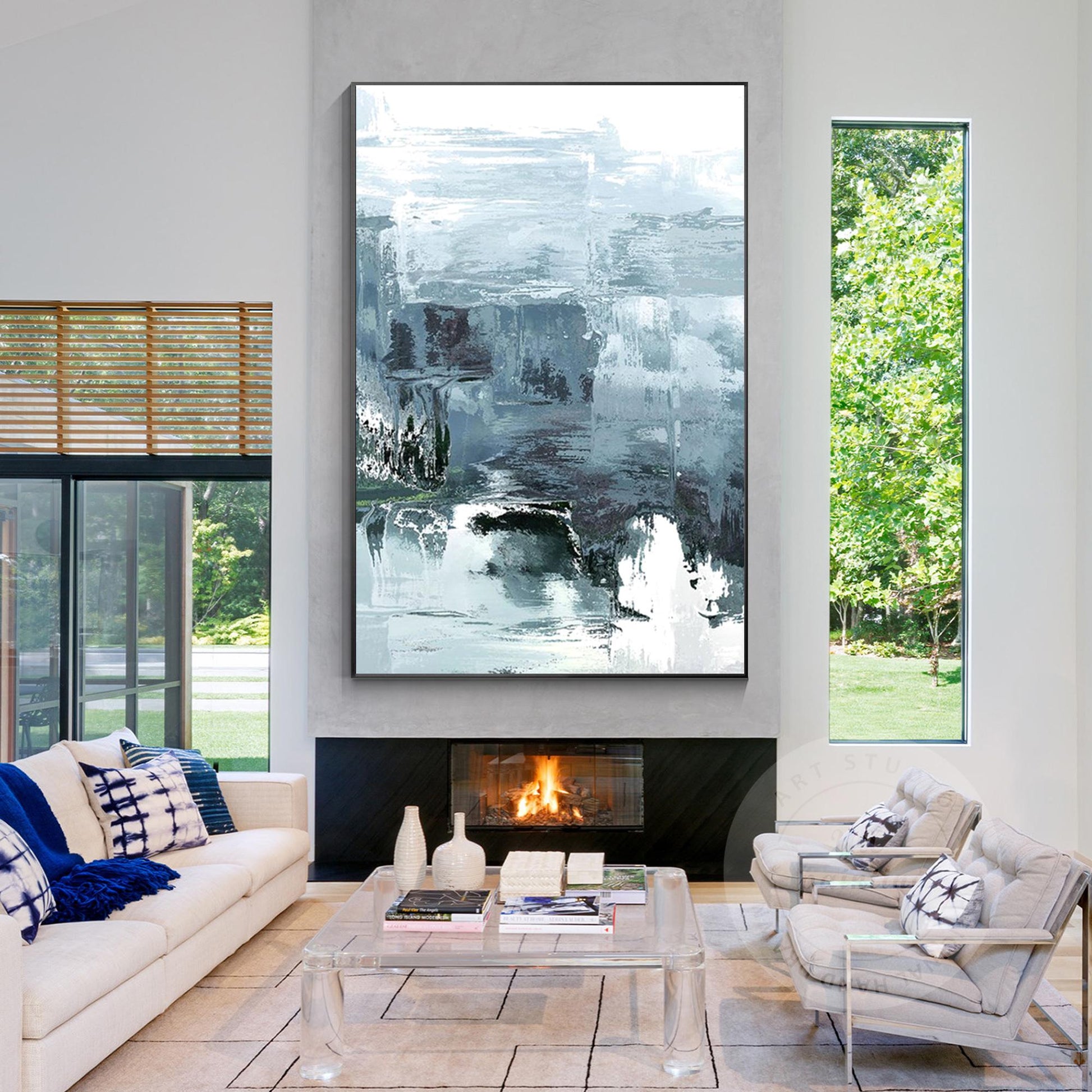 Abstract Foggy Mountain Painting: Gray Blue Textured Wall Art #4