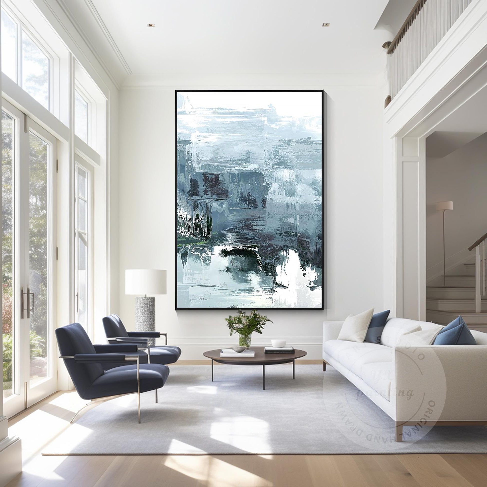 Abstract Foggy Mountain Painting: Gray Blue Textured Wall Art #5