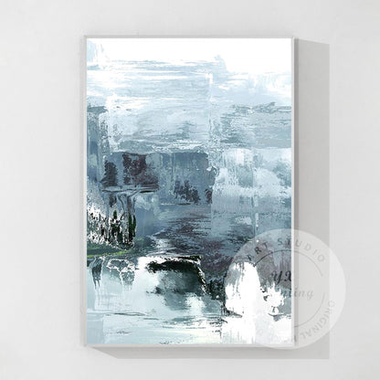 Abstract Foggy Mountain Painting: Gray Blue Textured Wall Art #9