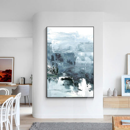 Abstract Foggy Mountain Painting: Gray Blue Textured Wall Art #1