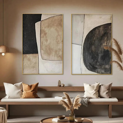 ABSTRACT GEOMETRIC DIPTYCH: Geometric Set of 2 Vertical | Abstract closeup, raised brushwork detail
